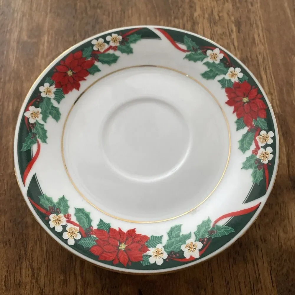 6 Vintage Poinsettia Christmas Saucer Plates Tienshan Fine China Deck Halls 6”